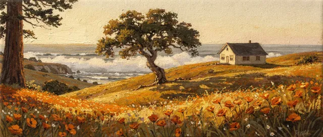 Gouache painting of a small schoolhouse on poppy-covered golden hills above the Pacific, with an oak and a redwood