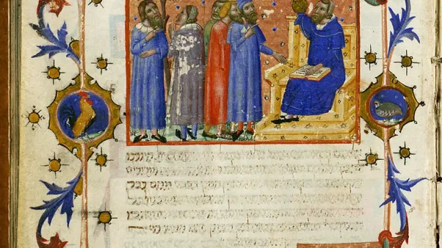 Maimonides teaching, from a 14th-century manuscript of the Guide for the Perplexed