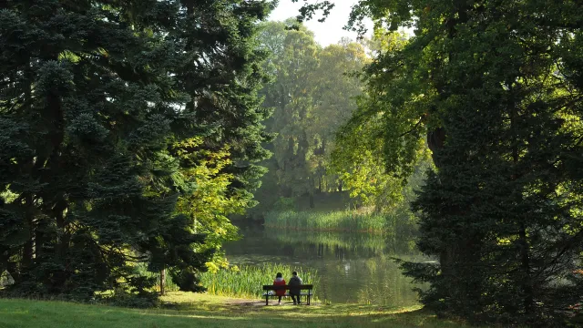 Two people sitting together on a bench by a lake, seen from behind