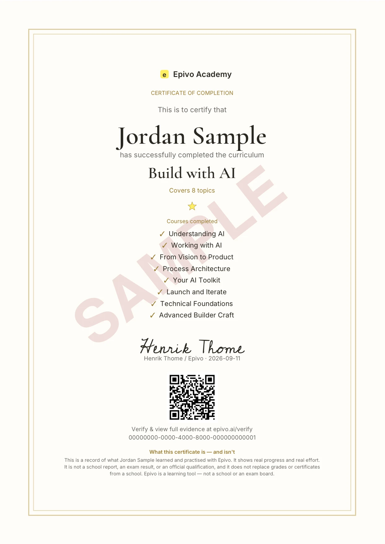 Screenshot of Jordan Sample's real Epivo sample certificate for Build with AI