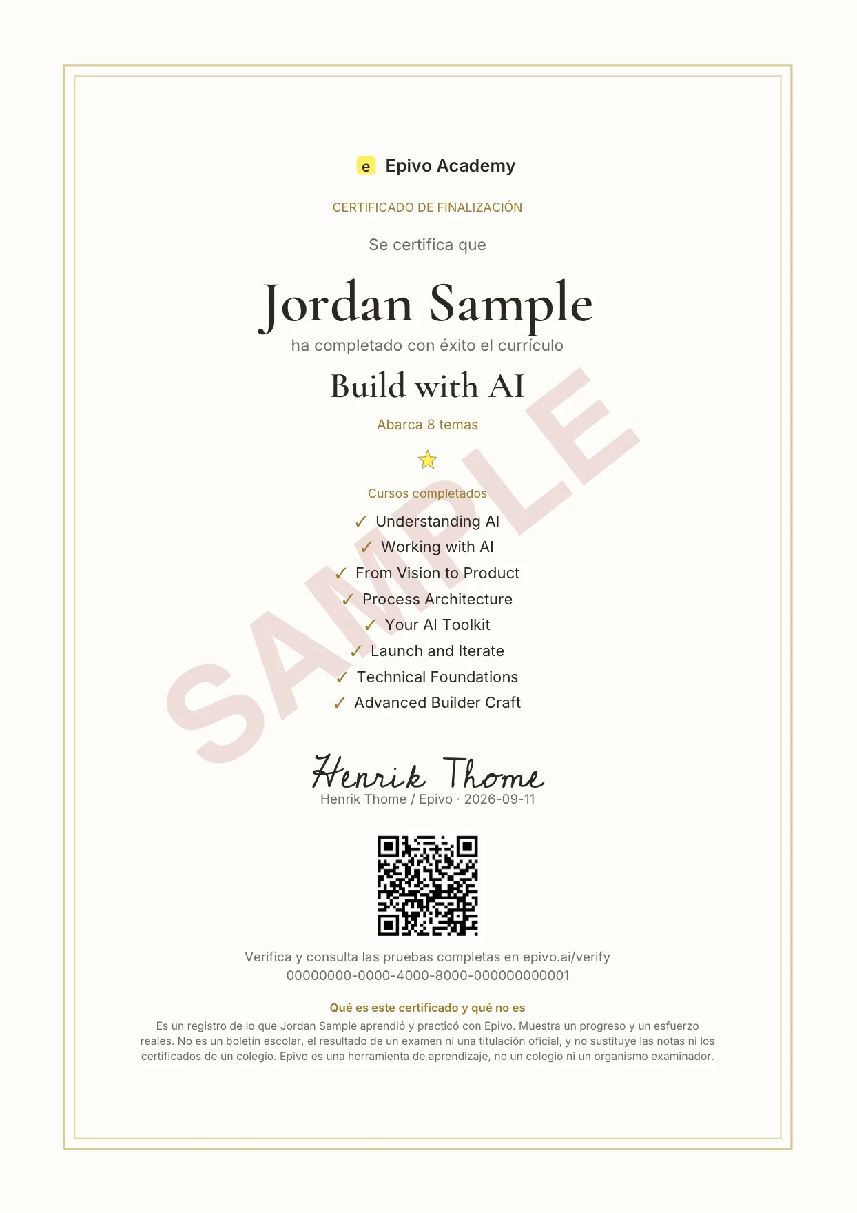 Captura de pantalla del certificado de muestra real de Epivo de Jordan Sample para Build with AI