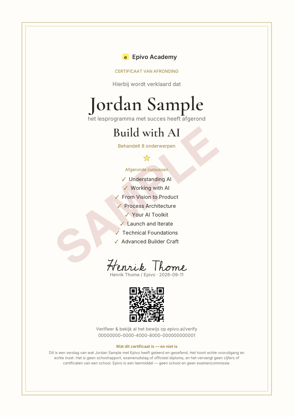Screenshot van het echte Epivo-voorbeeldcertificaat van Jordan Sample voor Build with AI